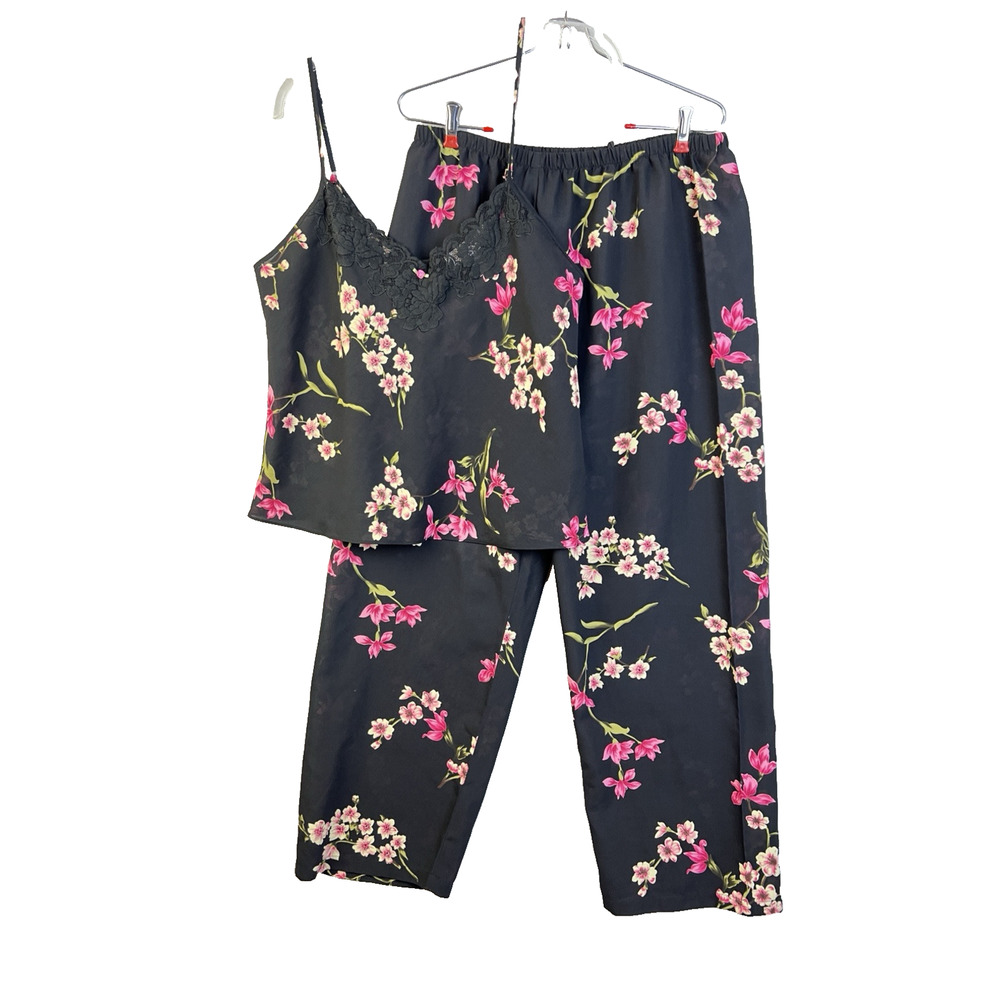 Oscar De La Renta 2 Piece Pajama Set Women Large Black Floral Designer Sleepwear